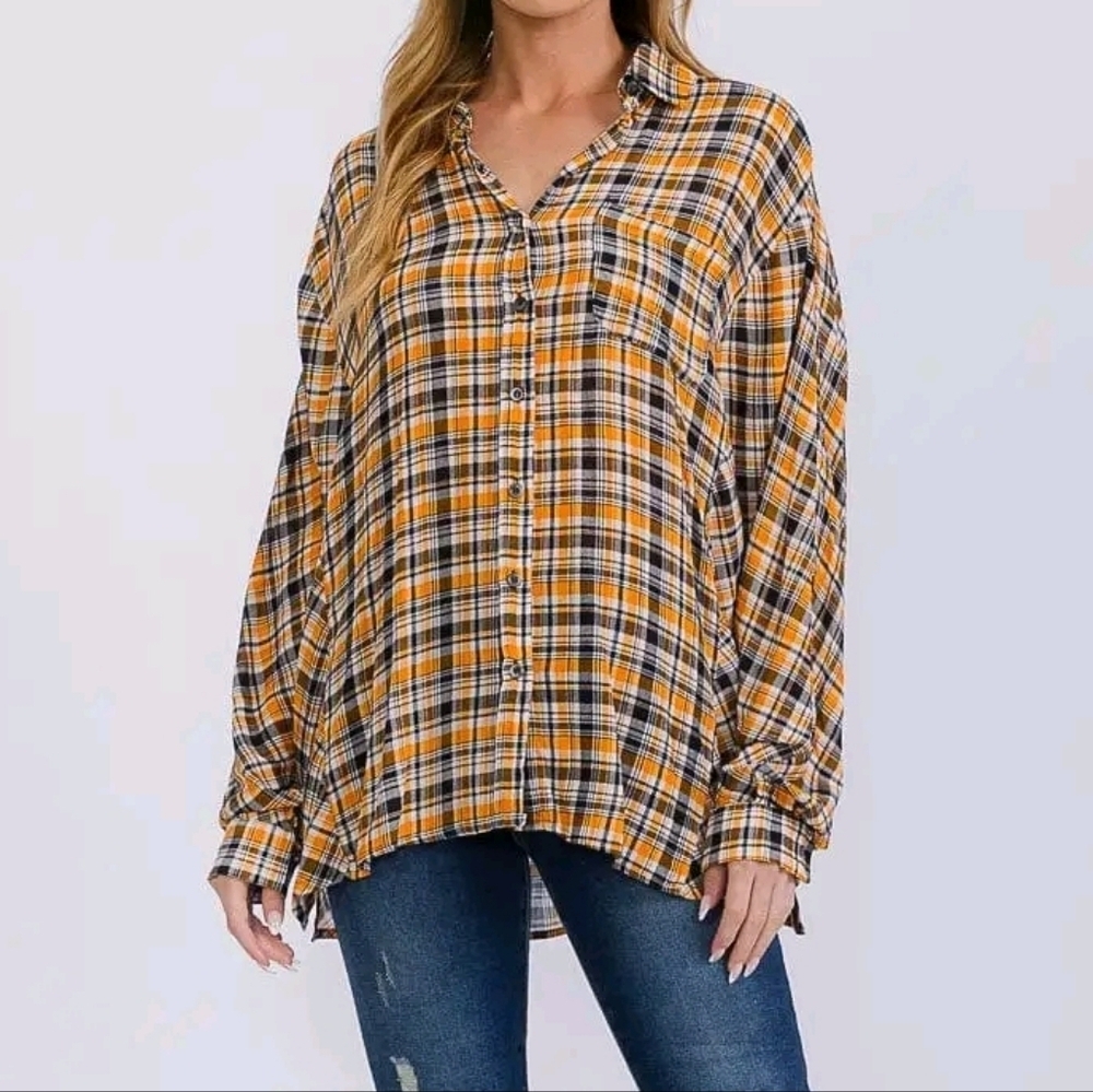 Easel Orange Black Long Sleeve Oversized‎ Button-up Plaid Shirt NWT
